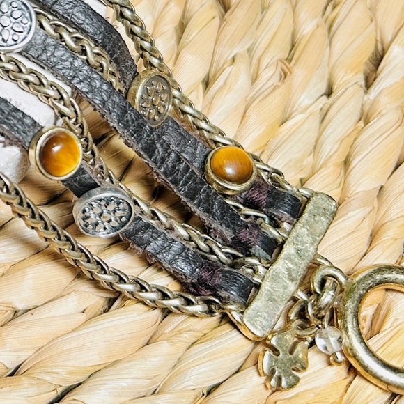LUCKY Brand Multi Strand Tigers Eye Brown Suede & Brass Tone Chain Bracelet - Picture 6 of 11